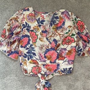 Express Floral Top with Pleated Sleeves